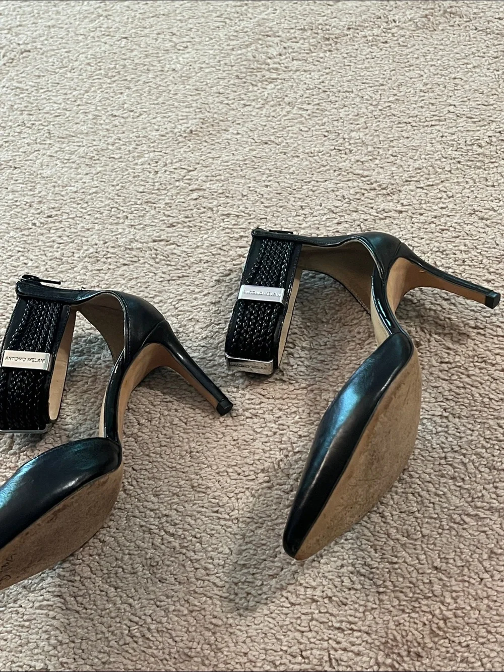 ANTONIO MELANI Black Pointed-Toe Ankle-Strap Pumps with Woven Detail